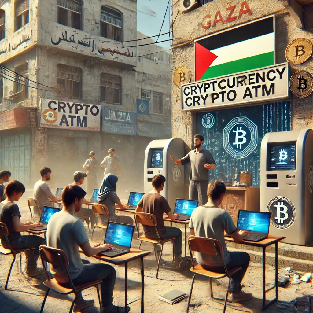 Illustration of a Bitcoin education workshop in Gaza, focused on community learning and financial literacy.